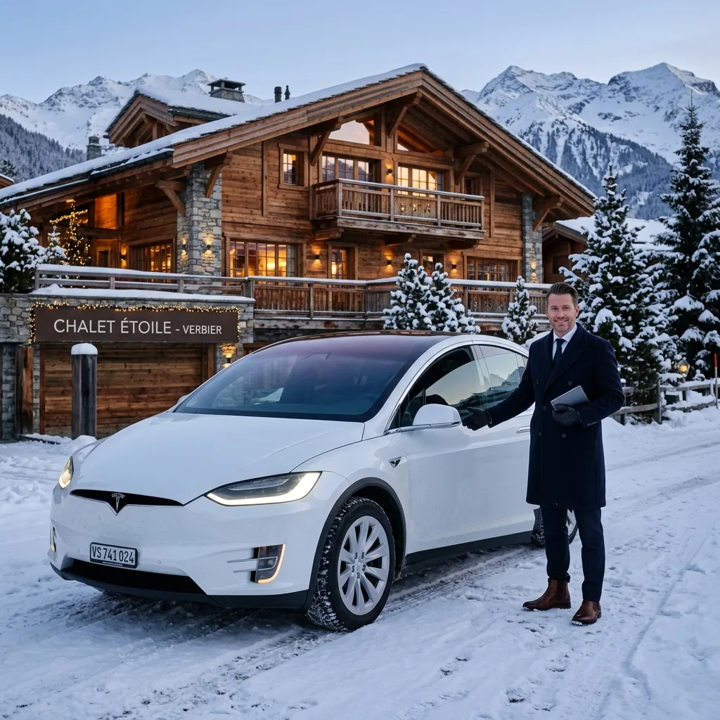 Professional chauffeur with white Tesla in Verbier, Switzerland
