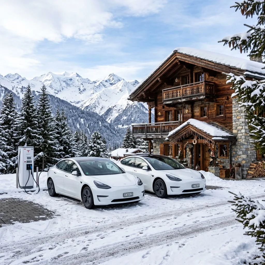 White Tesla fleet charging in Verbier, eco-friendly taxi service in Valais